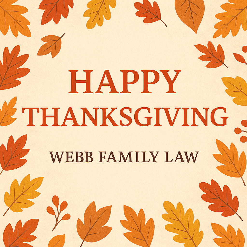 Happy Thanksgiving from Webb Family Law with autumn leaves design