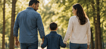 Two parents walking outdoors with their child