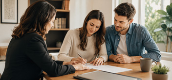 Couple reviewing a cohabitation agreement with an attorney