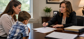 Parent and child meeting with an attorney about changes to a court order