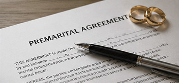 Premarital agreement with wedding rings and a pen