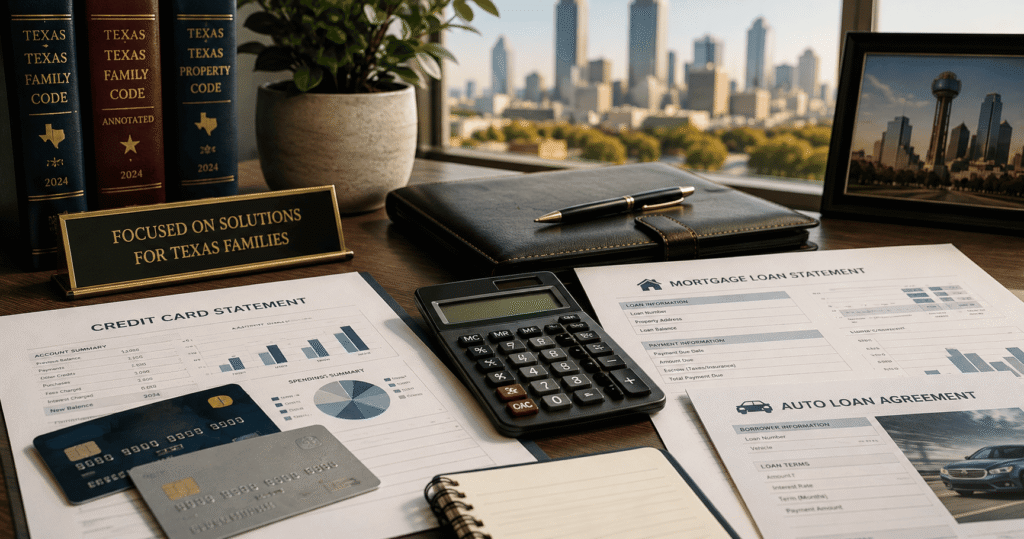 Credit cards and loan debt being reviewed during a Texas divorce